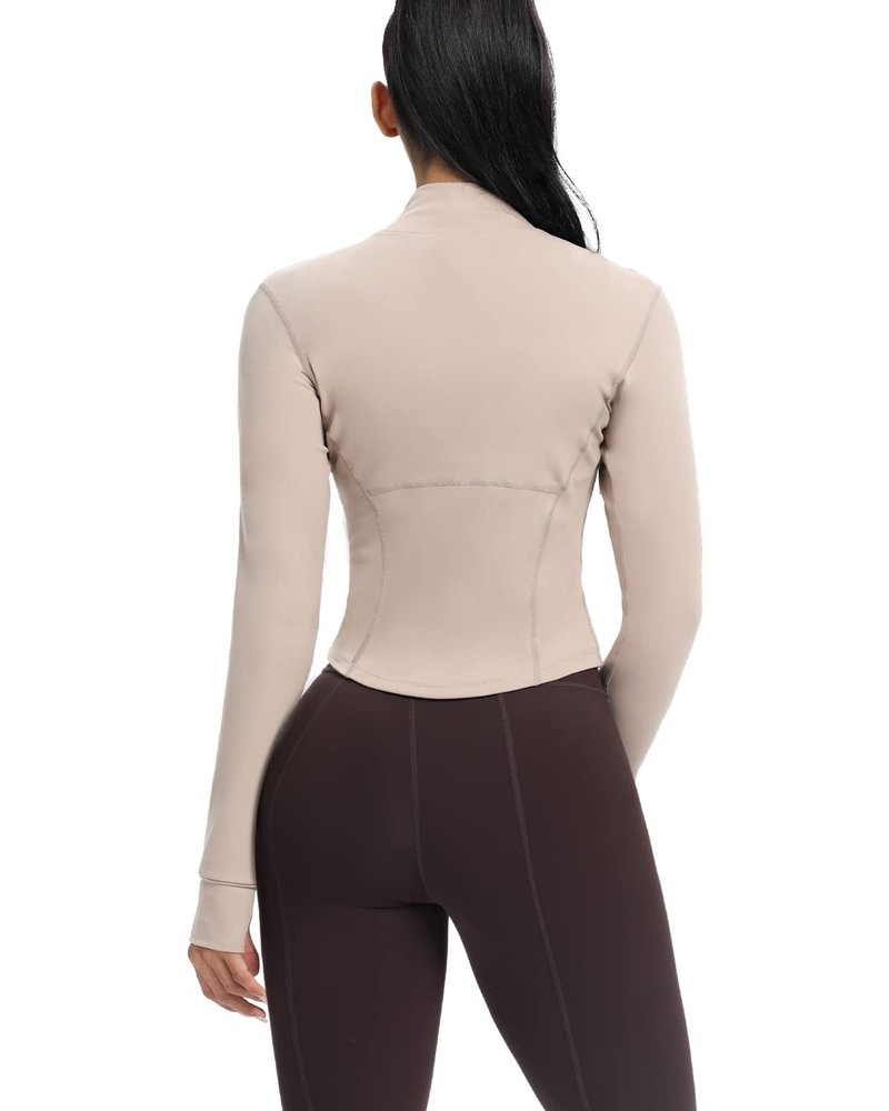 AVGO Women's Cropped Running Workout Jackets Zip Slim Fit Athletic Tops with Thumb Holes(Almond, M)
