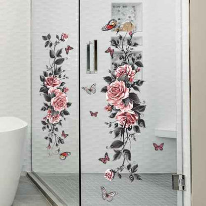 Black Butterflies Rose Wall Decals Pink Flower Vines Wall Stickers Vinyl Floral Wall Art Decor for Girls Bedroom Bathroom Beauty Salon Window Door Decorations