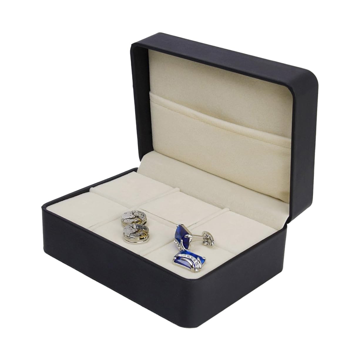 SHERCHPRY 6-Compartment Cufflink and Tie Clip Storage Box Black Compact Pu Organizer Case for Men Jewelry Display and Travel