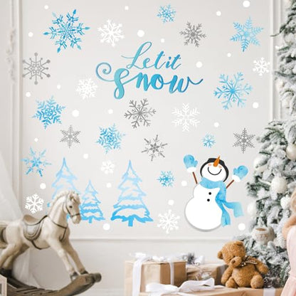 Winter Snowflake Snowman Wall Stickers Christmas Window Decals Small Room Mural Stickers for Party Home Bedroom Kitchen Decor, 7.9 x 11.8 Inch, 9 Sheets