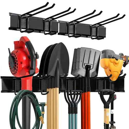 Garage Wall Organizer | 32" Heavy-Duty Tool Storage Rack | Adjustable Double-Layer Hooks | 200 lbs Capacity | Carbon Steel Wall Mount Holder for Shovels, Rakes, Ladders & Power Tools