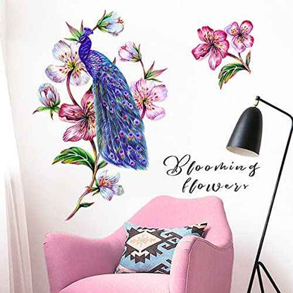 Watercolor Peacock on Flower Tree Branch Wall Decal Blue Peacock Wall Stickers Removable Living Room Girls Bedroom Office Sofa TV Background Wall D?cor