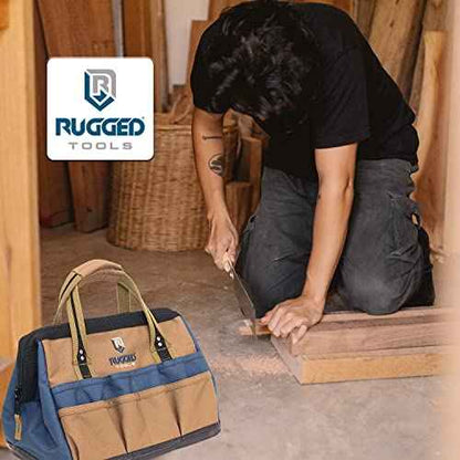 Rugged Tools Field 14" Wide-Mouth Tool Bag - Soft Sided Canvas Tool Bag For Plumbers, Electricians, Carpenters, and Handymen
