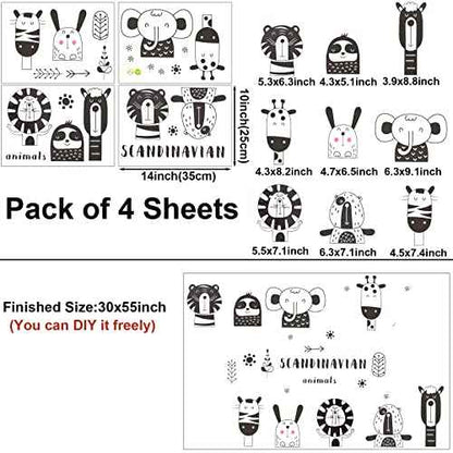 Maydahui Safari Jungle Animal Wall Decals Scandinavian Style Woodland Black White Animal Wall Sticker(55x30 Inch) Peel Stick Removable Art Decal Decor for Baby Kids Bedroom Nursery Changing Table