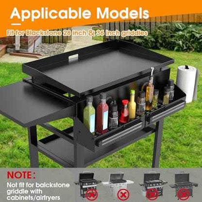 Universal Front Griddle Caddy for Blackstone 28" & 36" Griddles, Front Tool/Bottle Shelf with 2PCS Magnetic Tool Holder & Paper Towel Holder for Blackstone Griddle, Space Saving Storage Caddy