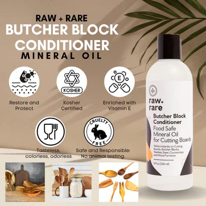 Raw Plus Rare Food Grade Mineral Oil for Wood Cutting Board, Butcher Block, and Countertop Oil - Perfect for Cutting Boards and Walnut Oil Substitute (8 oz)
