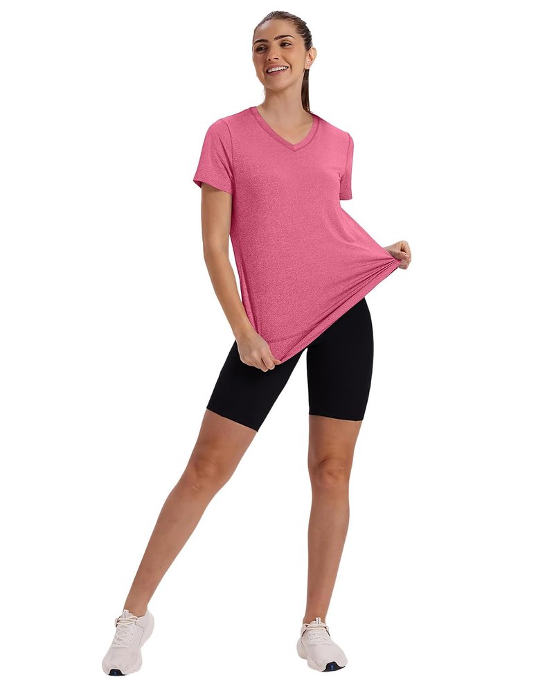 Short Sleeve Shirts for Women Workout Yoga Tops Sun Protection Clothing Summer Outfits Rash Guard Side Slit V Neck Red Pink XL