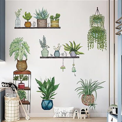 Green Plants Potted Wall Decals Tropical Plants Green Leaves Wall Stickers, DIY Vinyl Nature Wallpaper, for Living Room Background Wall Decoration Kids Bedroom Kitchen Office Girl Room