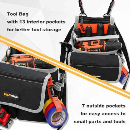 MELOTOUGH Electrician Tool Pouch Bag with Shoulder Strap 20 Pockets Tool Belt Pouch Tool Holster with Hammer Loop Tool Bag for Tradesman,Carpenter