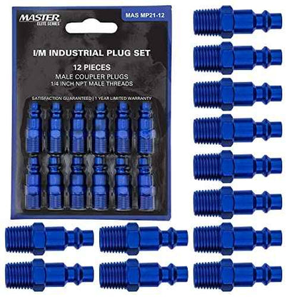 Master Elite Series 12 Piece Industrial I/M Type Plug Air Fittings Set with 1/4" NPT Male Threads - Attach to Quick-Connect Couplers, Hoses, Compressors, Pneumatic Air Tools, Spray Guns, Sanders