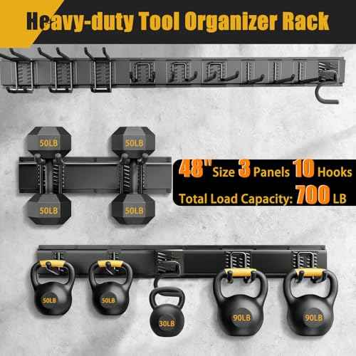 Heavy Duty Garage Wall Organizer with 700LB Capacity, 48Inch Garage Tool Organizer Wall Mount and Garden Tool Organizer with Adjustable Tool Rack for Garage Shed Yard Storage