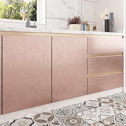 Rose Gold Stainless Steel Contact Paper for Kitchen Pink Metallic Wallpaper Waterproof Brushed Metallic Wall Paper Textured for Kitchen Backsplash Cabinets Countertops Fridge Appliances