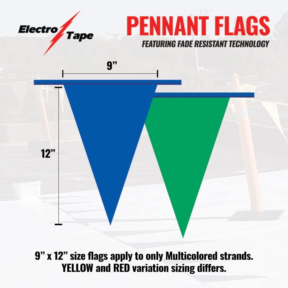 Pennant Banner Flags - OSHA 500lb Rated Safety Rooftop Flagging Barrier Traffic Party & Events - 105ft Strand Fade Resistant (Multicolored, 9"x12"x105ft)
