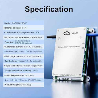 JKBMS Smart BMS 8S-20S 40A 0.4A Active Balance Build-in Bluetooth with RS485 PCB Battery Protection Board Li-ion LiFePO4 LTO Lithium Battery Pack (JK-BD4A20S4P)