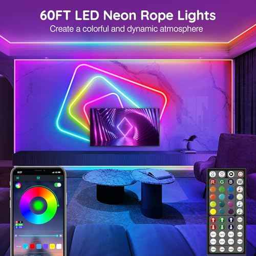 AILBTON 60Ft Neon Rope Lights,Flexible Led Rope Lights Control with App/Remote,Multiple Modes Rope Lights,IP65 Outdoor RGB Led Neon Light Waterproof,Music Sync Gaming