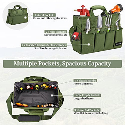 Garden Tote Bag, Gardening Tool Bag Organizer with Pockets & Handle, 900D Heavy Duty Garden Storage Bag with Long Adjustable Shoulder Strap for Tools, Green
