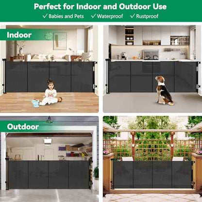 Reinforced 85" Wide Retractable Baby Gates Extra Wide Retractable Dog Gate with Support Rods ? Prevent Crawling Under, Indoor Wide Baby Gate Outdoor Retractable Gate, Puppy Gates for The House, Black