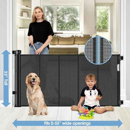 Reinforced Retractable Baby Gates with Support Rods, Extends up to 55¡± Wide, Retractable Dog Gate for Doorways Prevent Bottom Crawling Through, Mesh Pet Gate for Stairs Indoor Outdoor, Black