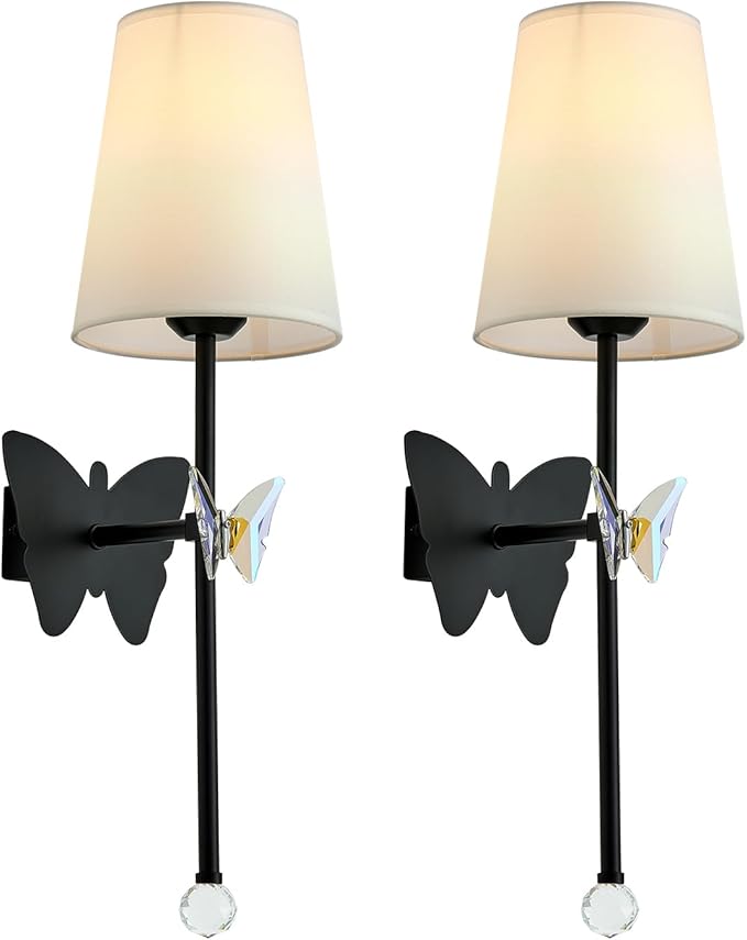 Battery Operated Wall Sconces Set of 2,Rechargeable Wall Lights with Butterfly Crystal Decorative Sconces,Cordless Battery Sconce Indoor Wall Lamps for Bedroom Living Room Hallway Stairs Black