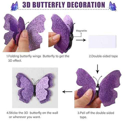 LiveGallery 36pcs Removable 3D Double Side Wings Butterfly Wall Stickers DIY Glittering Twinkle Butterflies Wall Decals Butterfly Wall Art Decor Decoration for Home Kids Bedroom Nursery (Purple)