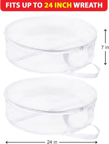 ProPik Christmas Wreath Storage Bag 24" - 2 Pack Clear Xmas Wreath Storage Container - Garland Holiday Artificial Wreath Storage Holder - Water Proof Transparent PVC - with Handles (24 Inch, White)