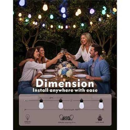 Honche Outdoor String Lights S14, 46FT Patio Lights with 20 Shatterproof LED Bulbs, APP & Remote Control, 213 Scene Modes, USB Powered, IP67 Waterproof for Garden, Wedding, Party, Camping