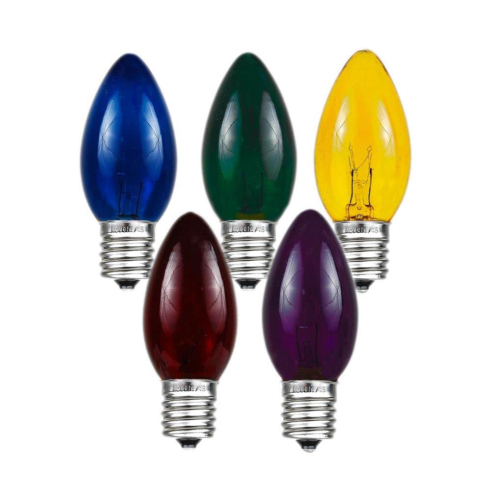 Novelty Lights Incandescent Christmas Replacement Bulbs - Indoor/Outdoor Individual Bulbs for Christmas Tree, Display, & More - C9/E17 Intermediate Base, 7 Watt Lights (Multi, 25 Pack)