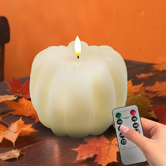 Fall Decor, Fall Decorations for Home - Flameless Pumpkin Candle with Timer Remote - Room Bedroom Table Farmhouse Decor for Halloween, Thanksgiving, White