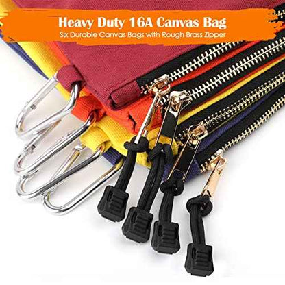 Canvas Tool Pouch Zipper Bags,16OZ(A) Utility Bags Heavy Duty Tools Pouch with Carabiner, 12 * 7 Inch Multipurpose Durable Storage Organizer Tote,6 Pack