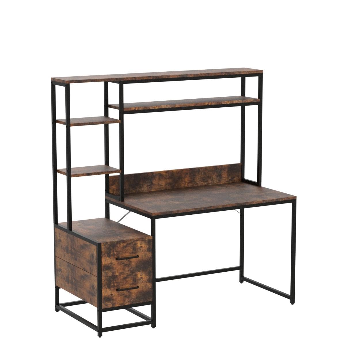 Tribesigns 55 Inch Computer Desk with 2 Drawers and Storage Shelves, Rustic Office Desk with Hutch, Study Writing Gaming Table Laptop Workstation for Home Office (Brown)