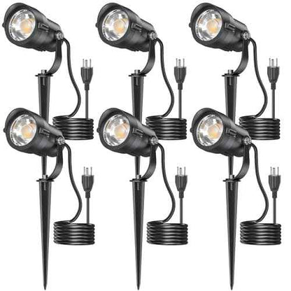 HIBOITEC 12W Spot Lights Outdoor 120V Landscape Lighting Waterproof Spotlight with 4.9ft 3-Plug LED Plug in Landscape Lights for Yard Gardern Decorations 2700K 6Pack