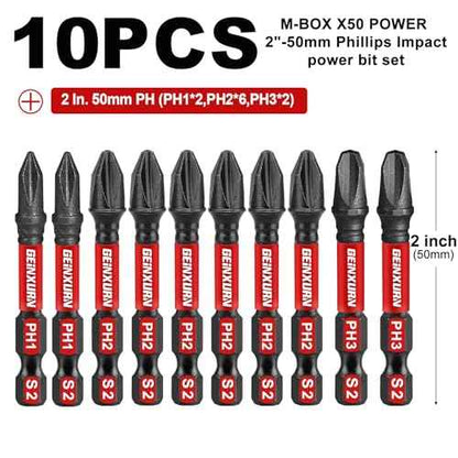 Impact Tough 2 in. (PH1/PH2/PH3) Screwdriver Bits Set,10 Pack Magnetic S2 Steel Phillips Power Driver Bits with Storage M-Box