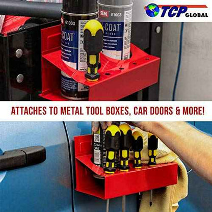 TCP Global Magnetic Spray Can Holder Wall Mount, 2 Aerosol Cans Holder, 5 Screwdriver Tray & Spray Can Organizer, Magnetic Bottle Shelf for Home Workspace and Garage