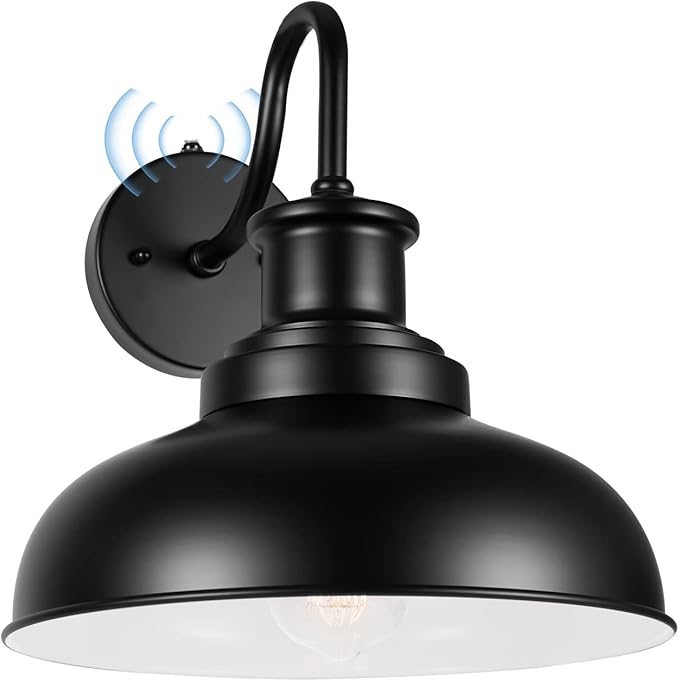 Dusk to Dawn Outdoor Gooseneck Barn Light Outdoor Wall Sconce Farmhouse Exterior Wall Mount Light Vintage Outside Wall Lighting Fixture Industrial Black White Lantern for Porch Garage,1 Pack