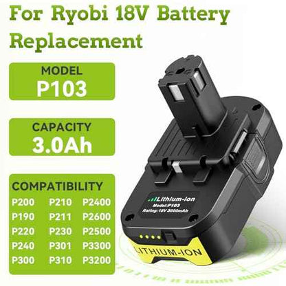 Replacement Ryobi 18v Battery 3.0Ah P103 Compatible with Ryobi 18v Chargers Rapid Charging P119 Combo Fits for 18 Volt Tools P100 P102 P104 P105 P107 P108 P109 P190 (2 Battery+1 Charger)