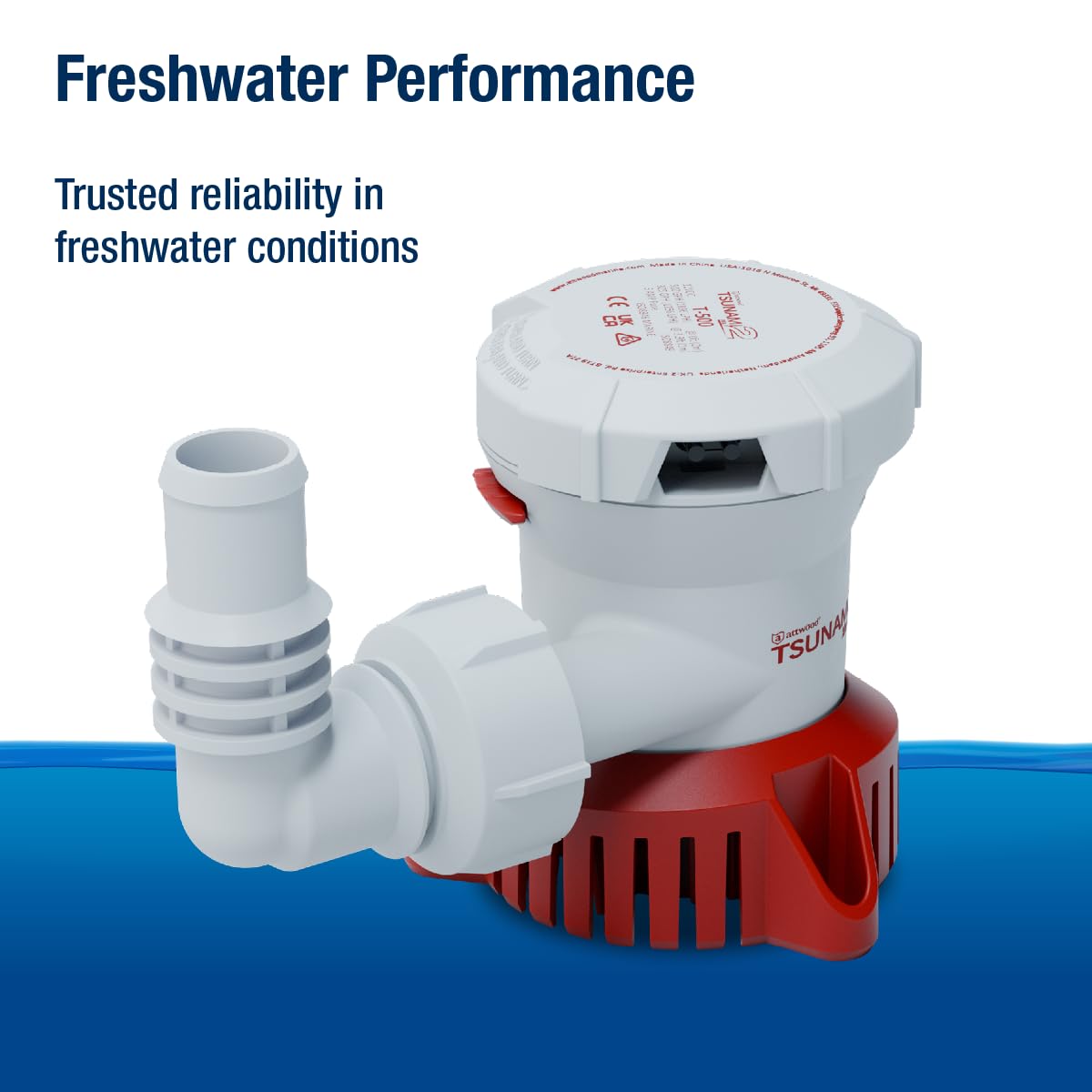Attwood 5606-7 Tsunami Mk2 T500, 12V, Manual Bilge Pump, 500 GPH, with Fittings (Elbow & Straight), Direct Replacement for Attwood 4606-7