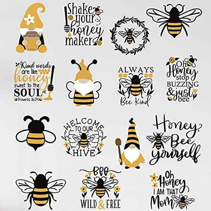 15 Pcs Bee Gnome Wall Decals Honey Bee Window Decor Clings Inspirational Quotes Window Stickers Honeybee Vinyl Gnome Wall Decals for Kitchen Office Fridge Decorations Party Supplies