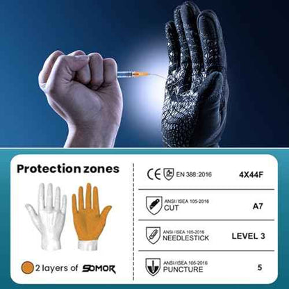 TAILI Level 3 Needle, Level 5 Puncture Resistant Men Work Gloves, Grip Enhanced A7 Cut Resistant Safety Gloves, Touchscreen and Breathable, Black, Large (L), 1 Pair