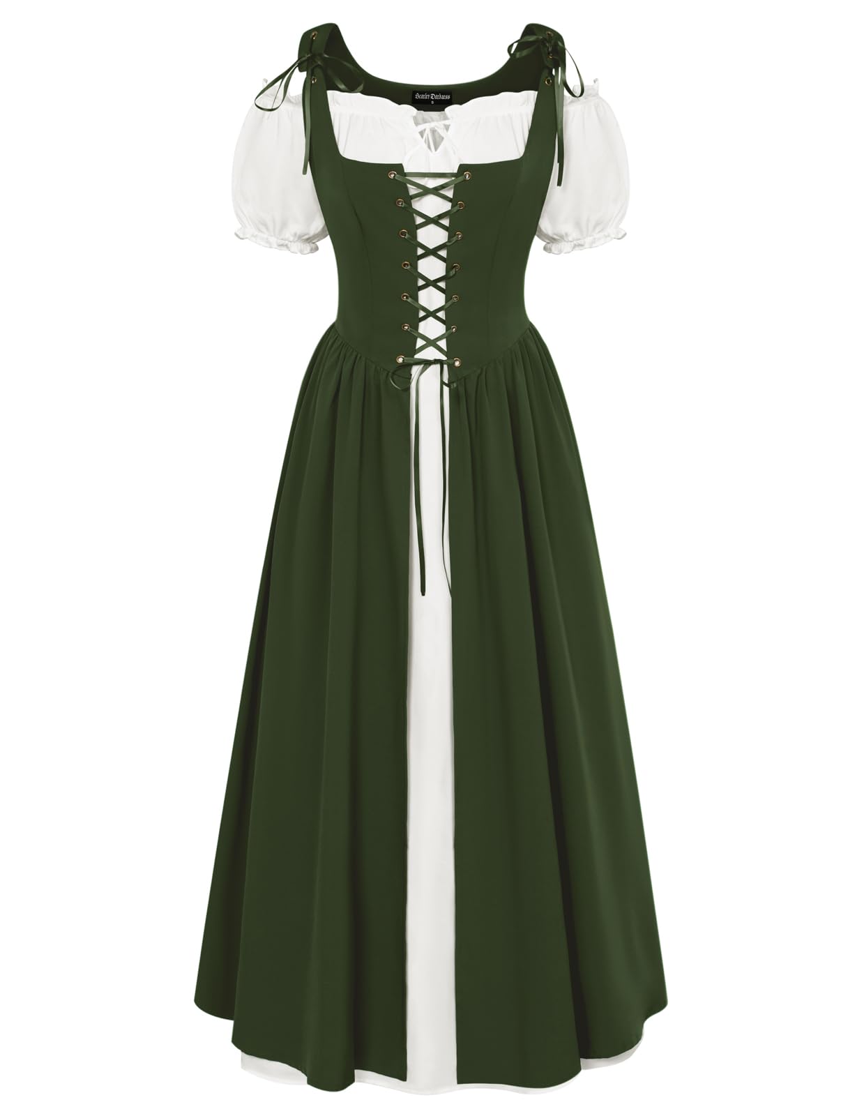 Scarlet Darkness Renaissance Costume Women Peasant Medieval Dress Short Sleeve Maxi Fairy Dresses with Pockets Olive Green L