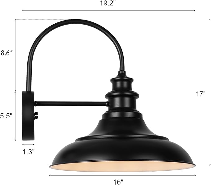 Outdoor Barn Light Fixtures, 16 Inch Large Dome Farmhouse Exterior Wall Mount Lights, Rustic Gooseneck Wall Sconces Indoor Wall Lighting, Industrial Black White Lanterns for Porch, 2 Pack
