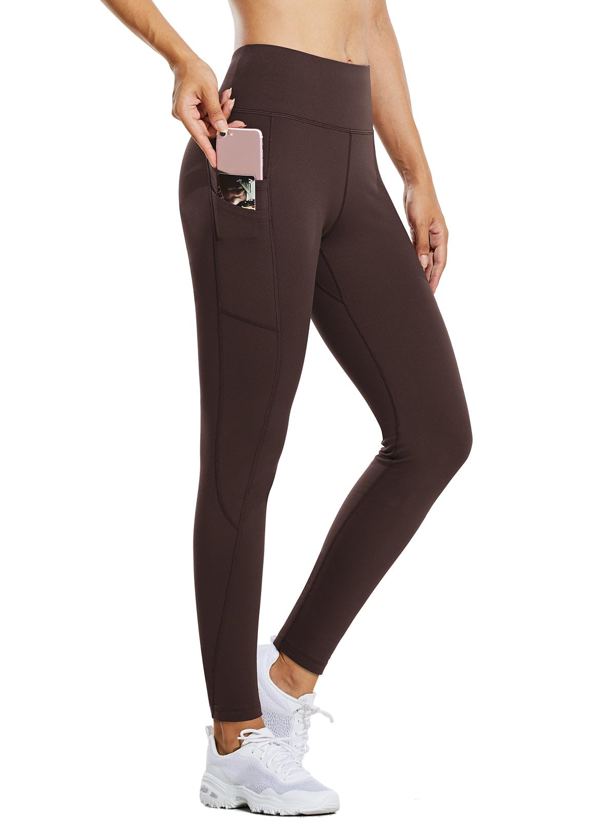 baleaf Women's Fleece Lined Leggings Water Resistant Thermal Winter Warm Tights High Waisted with Pockets Running Gear Dark Brown XS