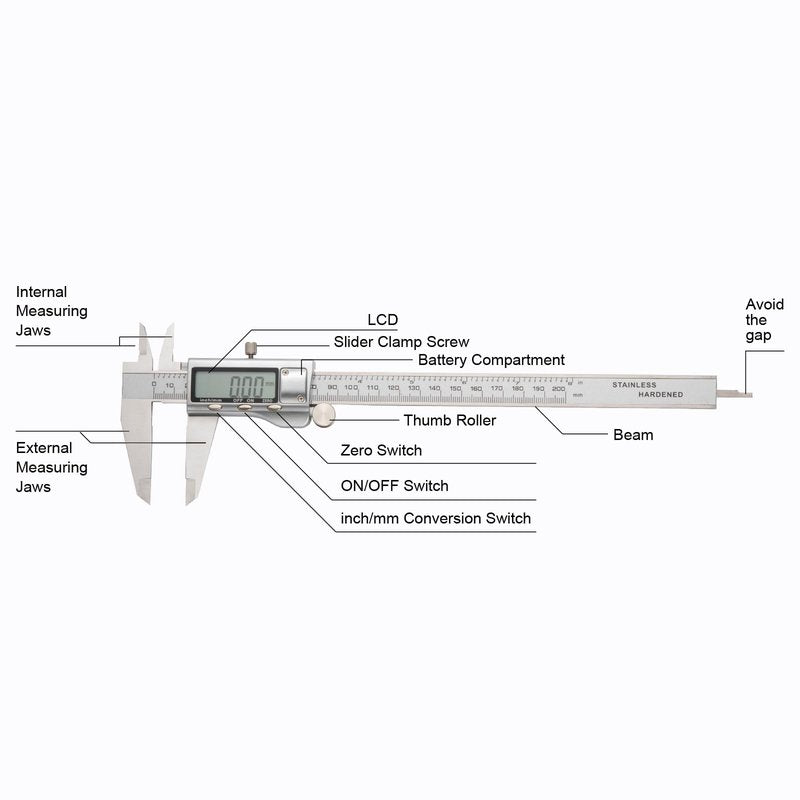 SCITOOLS All-Metal Digital Caliper 0-8" Measuring Tool, Micrometer Caliper with Auto-Off Feature, Interchangeable Between inches and millimeters for DIY/Household and 3D Printing