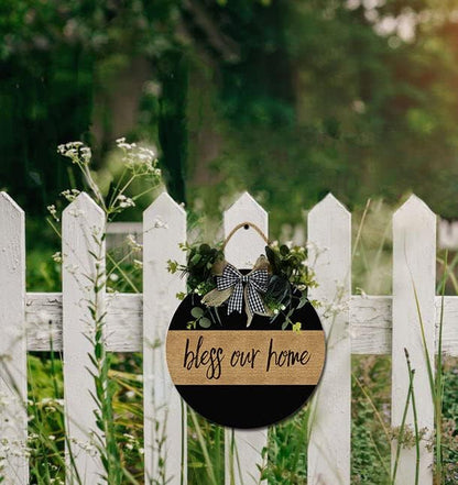 Bless Our Home Front Door Sign Funny Wreaths Hanging Wooden Plaque Decoration Round Rustic Wood Farmhouse Porch Decor for Home Front Door Decor, 12 x 12 Inch