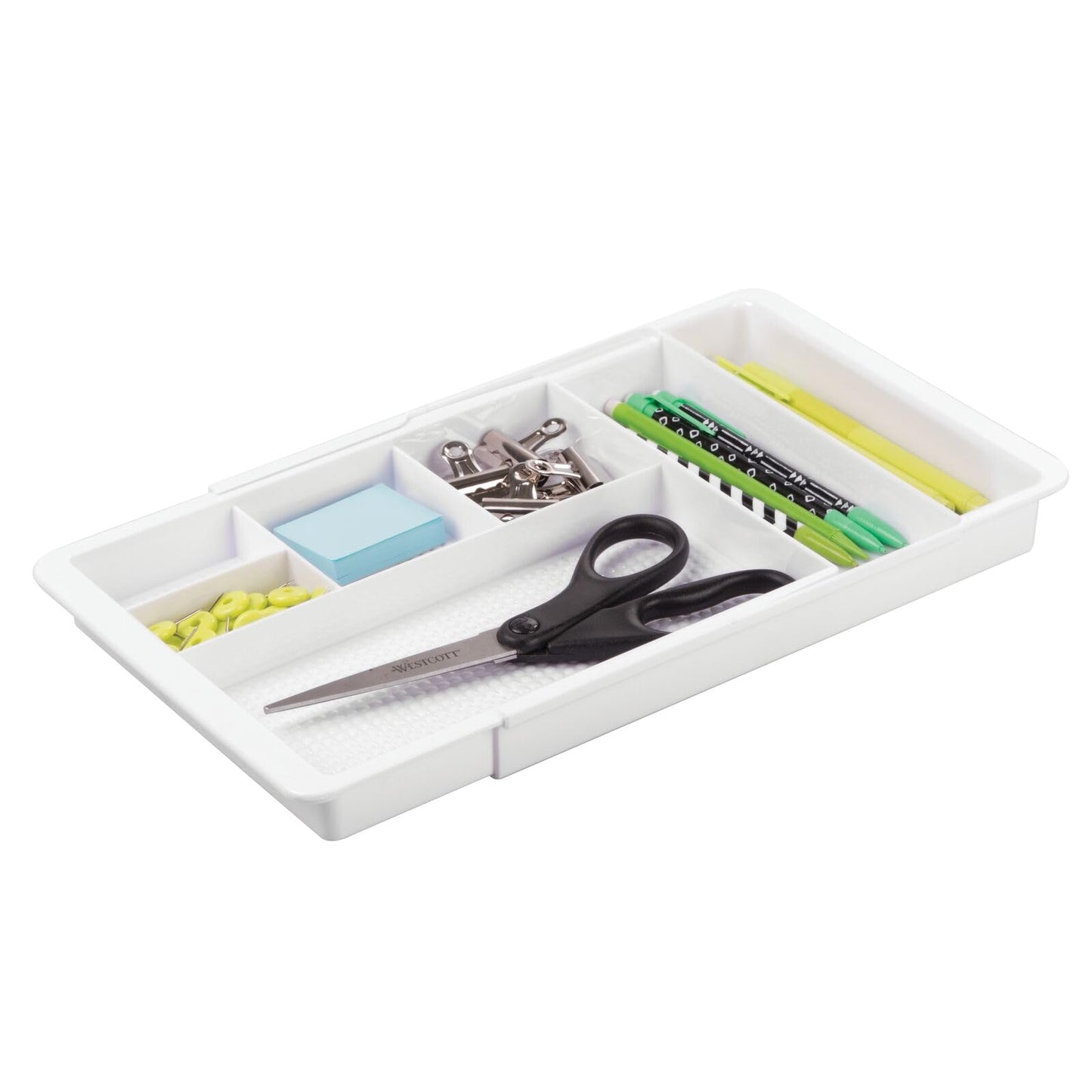 mDesign Expandable Plastic Drawer Organizer and Storage Container for Office Supplies - Gel Pen Pencil, Marker, Stationary, Desk Supply Holder for Drawers and Desktop - Lumiere Collection - White