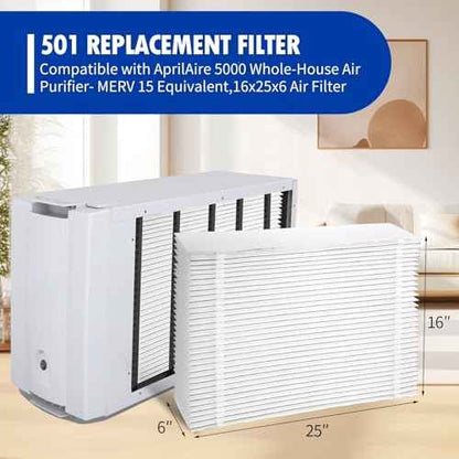 2 Pack 501 Replacement Filter Compatible with Aprilaire 5000 Whole-House Air Purifier, MERV-15 Equivalent Furnace Filter, 16x25x6 Air Filter
