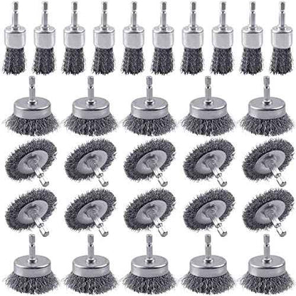 30 Pack Carbon Steel Wire Wheel Brush, Rocaris Cup Brush, Wheel Brush, Pen Brush Set with 1/4-Inch Hex Shank for Rust Removal, Corrosion and Scrub Surfaces