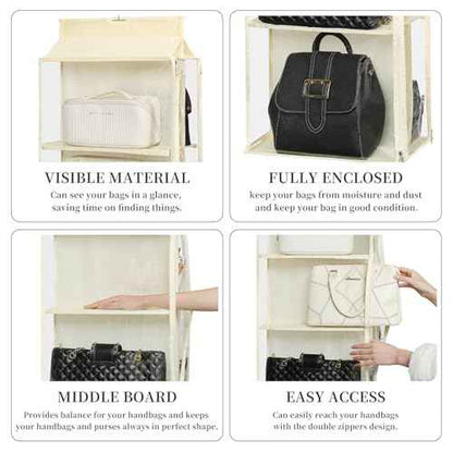 8 Grids in 1 Pack Hanging Purse Handbag Organizer with Double Zippers, Visible Purse Organizer for Closet, Fully Enclosed Purse Storage Holder-Beige