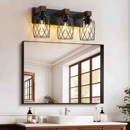 Farmhouse Bathroom Vanity Light, 3-Light Wood Bathroom Light Fixtures Over Mirror, Black Industrial Vanity Lights with Metal Shade, Rustic Bathrooms Lighting for Living Room, Bedroom, Hallway