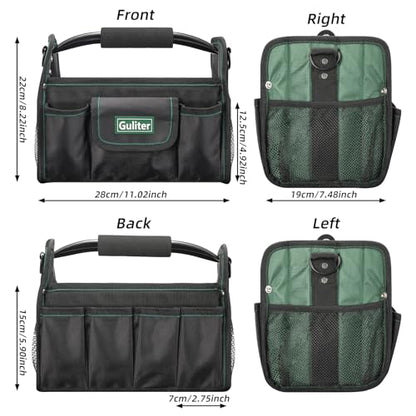 11 Inch Small Tool Bag, Open Top Tool Tote with Stainless Steel Handle and Adjustable Shoulder Strap,21 Pockets Electrician Tool Bags,Black/Green