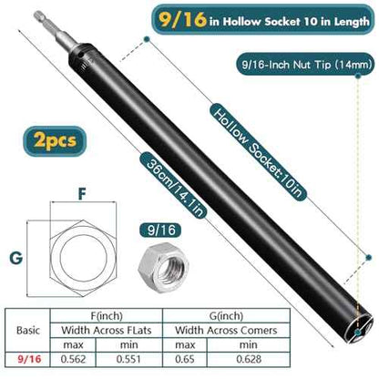 Blulu 9/16"(14mm) Power Nut Driver, Nut Runner Hollow Socket with 1/4" Hex Shank, Fit Long Bolts and Ductwork for Overhead Fastening Applications Operations(2 Packs,10 Inch)